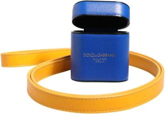 Dolce & Gabbana Phone Accessories, male, Blue, Size: ONE SIZE Calfskin Leather Logo Strap AirPods Case