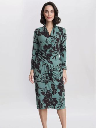 Gina Bacconi Ivy Floral Wrap Jersey Dress, Sage/Black