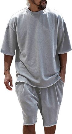 Generic T-Shirt and Shorts Sets 2 Piece Men Summer Breathable Loose Fit Short Sleeve Crew Neck T Shirt Top Matching Drawstring Elastic Waist Shorts with Pocke