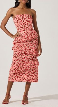 ASTR the Label Plissé Asymmetric Tiered Ruffle Strapless Midi Dress in Cherry Print at Nordstrom, Size X-Large