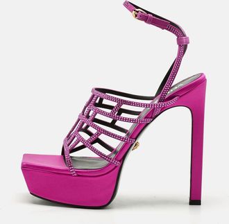 Versace Fuchsia Suede Greca Caged Platform Sandals