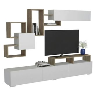 Dmora Dmora - Pared Equipada Thalassa, Composici&oacute;n De La Sala De Estar, Muebles De Sal&oacute;n Multiusos, Gabinete De Tv, 210x37h47 Cm, Blanco Y Nogal, Con Embala