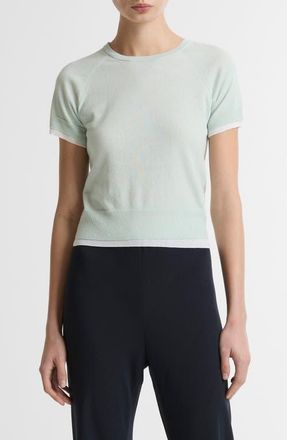 Vince Double Layer Raglan Short Sleeve Sweater in Aqua Stone/Optic White at Nordstrom, Size Xx-Small