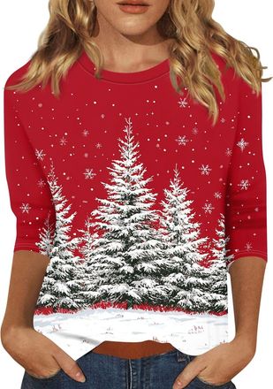 Generic Christmas Jumpers for Women UK Funny Cute Glitter Xmas Tree Graphic Printed Sweatshirts Crew Neck 3/4 Sleeve T Shirt Casual Print Patterns Holiday Jum