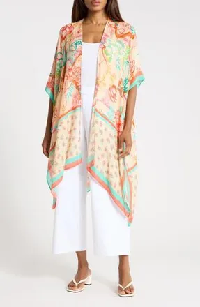 Nordstrom Rack Lightweight Print Ruana in Peach Orange Florals at Nordstrom Rack
