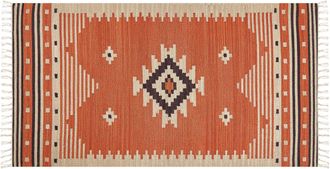 Beliani Alfombra Kilim De Algod&oacute;n Naranja Beige Marr&oacute;n 80 X 150 Cm Geom&eacute;trico Borlas Gavar