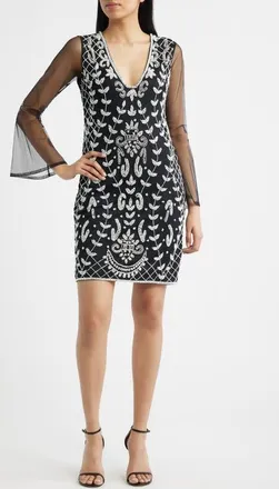 Pisarro Nights Beaded Mesh Sleeve Minidress in Black/White at Nordstrom, Size 14