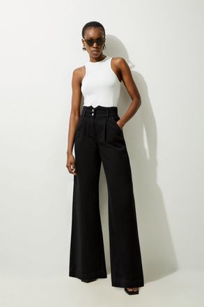 Karen Millen Womens Denim Wide Leg Trousers - Black Cotton - Size 14 UK