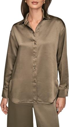 DKNY Satin Button-Up Shirt in Khaki Green at Nordstrom, Size X-Large