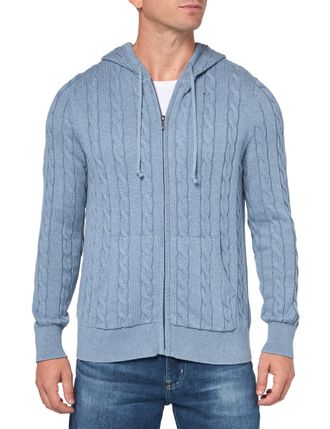 Brooks Brothers Mens Cotton Cable Knit Full Zip Hoodie Sweater, Light/Pastel Blue, M