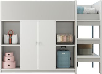 STILVORA Cama Alta Individual Con Armario, Estantes Y Escalera 90 X 200 Cm, Sin Colch&oacute;n, De Madera, Gris