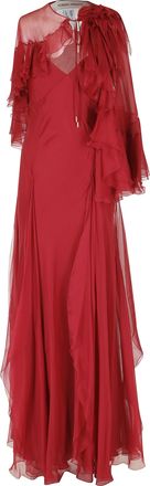 Alberta Ferretti Red Chiffon Detachable Flower Cape Overlay Silk Dress