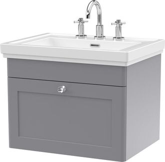 Nuie Nuie - Classique Wall Hung 1-Drawer Vanity Unit with Basin 600mm Wide Satin Grey - 3 Tap Hole