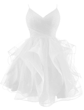 Generic Glitter Tulle Short Prom Dress Spaghetti Straps V Neck Tiered Homecoming Dress Ruffle Puffy Cocktail Gown for Teens White S