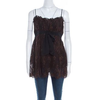 Escada Brown Floral Cotton Lace Babydoll Top