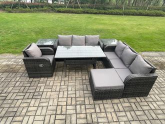 Fimous 8 Seater Rattan Garden Furniture Set Oblong Rectangular Dining Table & Chairs Set with 3 Seater Sofa 2 Side Tables Big Footstool in Dark Grey