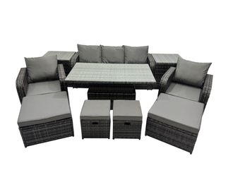 Fimous Rattan Garden Furniture Dining Set with 2 Side Table 2 Big Footstool in Dark Grey