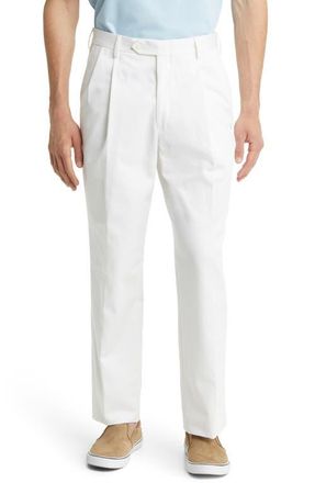Berle Classic Fit Pleated Cotton Twill Trousers in White at Nordstrom, Size 48