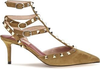 Valentino Garavani Womens Rockstud Suede Pumps Havana Beige Goatskin High Heel Shoes