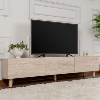 Dmora Mueble Tv Baluffi, 3 Puertas, 3 Compartimentos, Apertura Abatible, 180x31x42h Cm Beige M&aacute;rmol