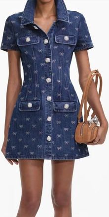 Self Portrait Denim Diamante Bow Mini Dress In Blue