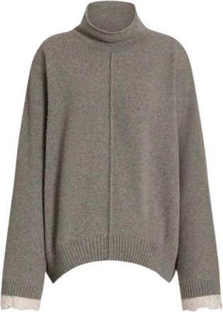 Alberta Ferretti Truien & Vesten, Dames, Grijs, S, Leer, Cashmere Trui met Contrasterende Kantmanchetten