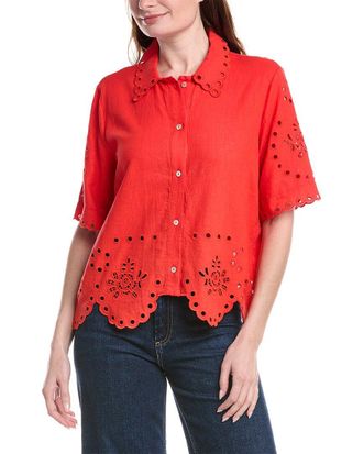 Alberta Ferretti Scallop Hem Button Front Linen-Blend Top