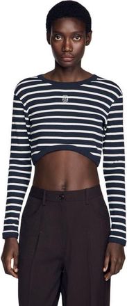 Sandro Cropped striped cotton T-shirt in Marine /Blanc at Nordstrom, Size X-Small