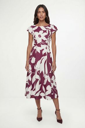 Wallis Womens Floral Ottoman Fit & Flare Midi Dress - Wine - Size 12 UK