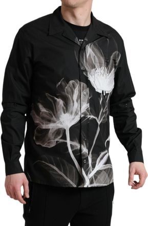 Dolce & Gabbana Black Floral Cotton Collared Long Sleeves Men Shirt