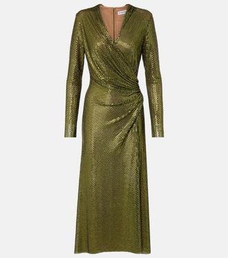 Self Portrait Gathered rhinestone-embellished midi dress