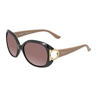 Ferragamo Sunglasses Round Full Rim, Black/tuape Frame And Brown Gradient Lens Sf668001