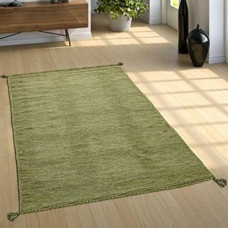 Paco Home Paco Home Tappeto da soggiorno naturale con frange, kelim moderno intessuto a mano, 100% cotone 160x220 cm, Verde
