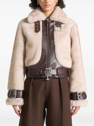 Mani&egrave;re De Voir Deya buckle belted faux-fur jacket - women - Artificial Fur/Artificial Leather/Polyester - 16 - Neutrals
