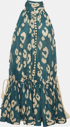 Zimmermann Teal Blue Leopard Print Shelly Swing Mini Dress