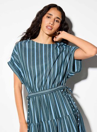 Icone Womens Irregular stripes tie-up waist piqu&eacute; minidress