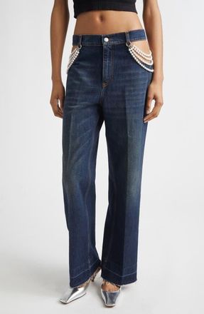Stella McCartney Faux Pearl Embellished Cutout Release Hem Straight Leg Jeans in Dark Blue at Nordstrom, Size 26
