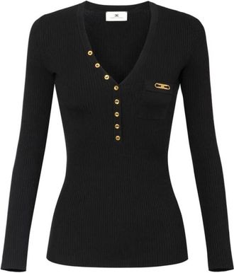 Elisabetta Franchi Geribbelde Top met Borstzak - Dames - V-hals truien - Zwart - XL - Satijn - Truien & Vesten