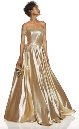 Alyce Paris Metallic Off The Shoulder Gown In Gold