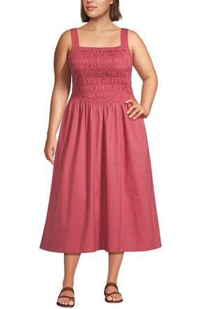 Lands End Poplin Smocked Bodice Midi Dress in Soft Mojave Rose at Nordstrom, Size 1X