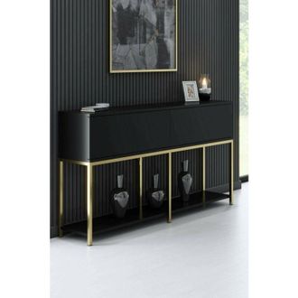 Dmora Aparador Altair, Buf&eacute; De Sal&oacute;n, Aparador De Sal&oacute;n, Despensa De Cocina, 150x30h80 Cm, Negro Y Oro, Con Embalaje Reforzado - Dmora