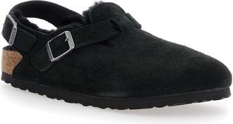 Birkenstock Womens Black Mules With Engraved Logo Suede