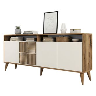 Dmora Aparador Benjamin, 2 Estantes, 4 Puertas, 6 Compartimentos, 180x35x79h Cm Nogal Marr&oacute;n