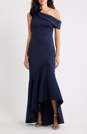 Eliza J Ruffle One-Shoulder Gown in Navy at Nordstrom, Size 10