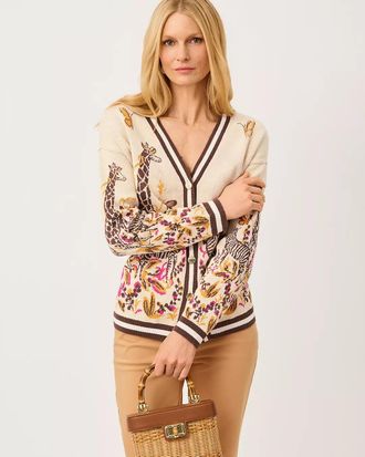 Lilly Pulitzer Womens Maralisa Cardigan in Rutabaga Sketching On Safari Jacquard, Size XL, Long Sleeves, V-neck