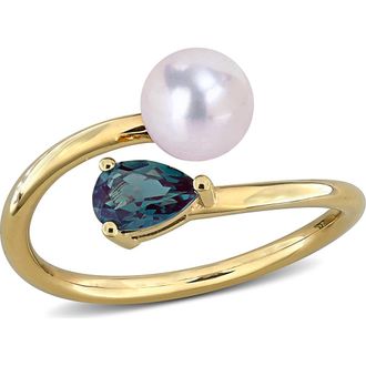 Delmar 6-6.5mm Cultured Freshwater Pearl & Stone Bypass Ring in Green at Nordstrom Rack, Size 8