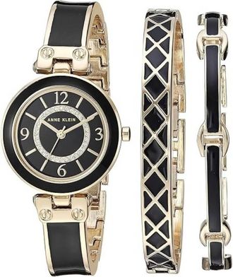 Anne Klein Quartz Black Dial Ladies Watch and Bracelet Set AK-3296BKST