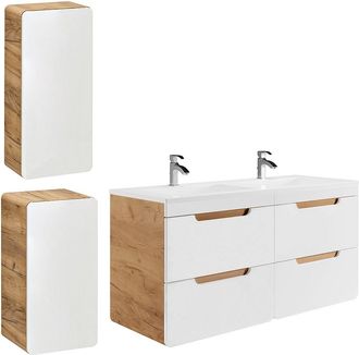 Vente-Unique Mueble de ba&ntilde;o flotante con lavabo encastrado y dos columnas - 120 cm - Color natural y blanco - ARUBA