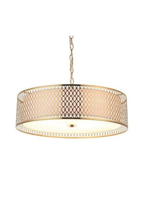 Netlighting Cordero Single Pendant Ceiling Lamp Gold Effect Plate White Fabric Frosted Glass in Clear