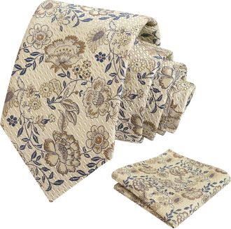 Alizeal Mens Floral Pattern Tie with Pocket Square Classic Formal Fashion for Business Wedding Necktie and Hanky Set, Champagne